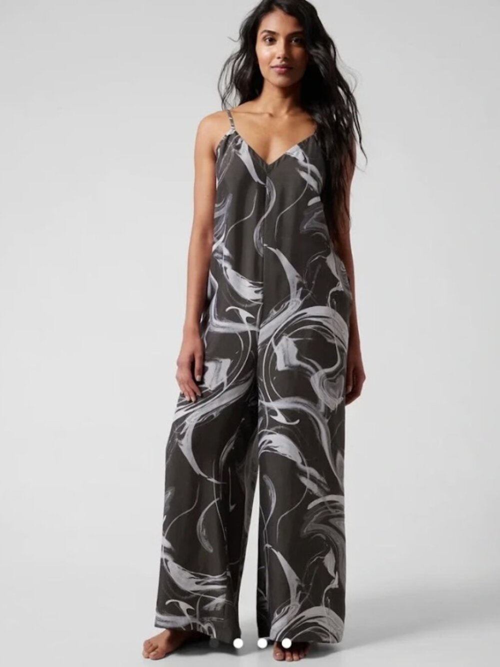 NWOT Athleta Calm Cool Swirl Gray Wide Leg V-Neck Athleisure Jumpsuit Sz S
